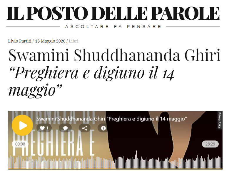 rassegna stampa - Il posto delle parole - Swamini Shuddhananda Ghiri “Preghiera e digiuno il 14 maggio”