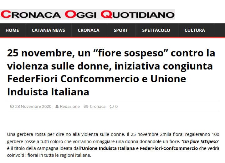 cronacaoggiquotidiano.it: 25 novembre, un “fiore sospeso” contro la violenza sulle donne, iniziativa congiunta FederFiori Confcommercio e Unione Induista Italiana