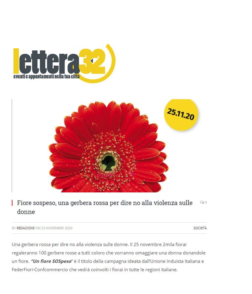 Lettera32: Fiore sospeso, una gerbera rossa per dire no alla violenza sulle donne