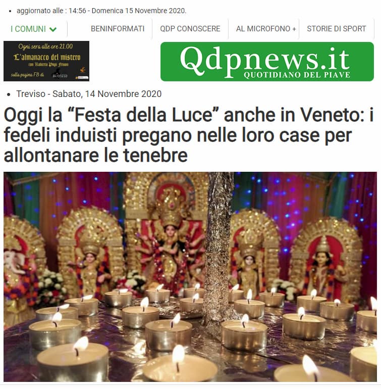 Qdpnews.it: Oggi la “Festa della Luce” anche in Veneto: i fedeli induisti pregano nelle loro case per allontanare le tenebre