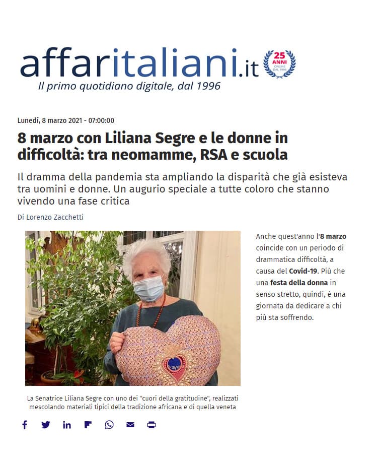 Affari italiani: 8 marzo con Liliana Segre e le donne in difficoltà