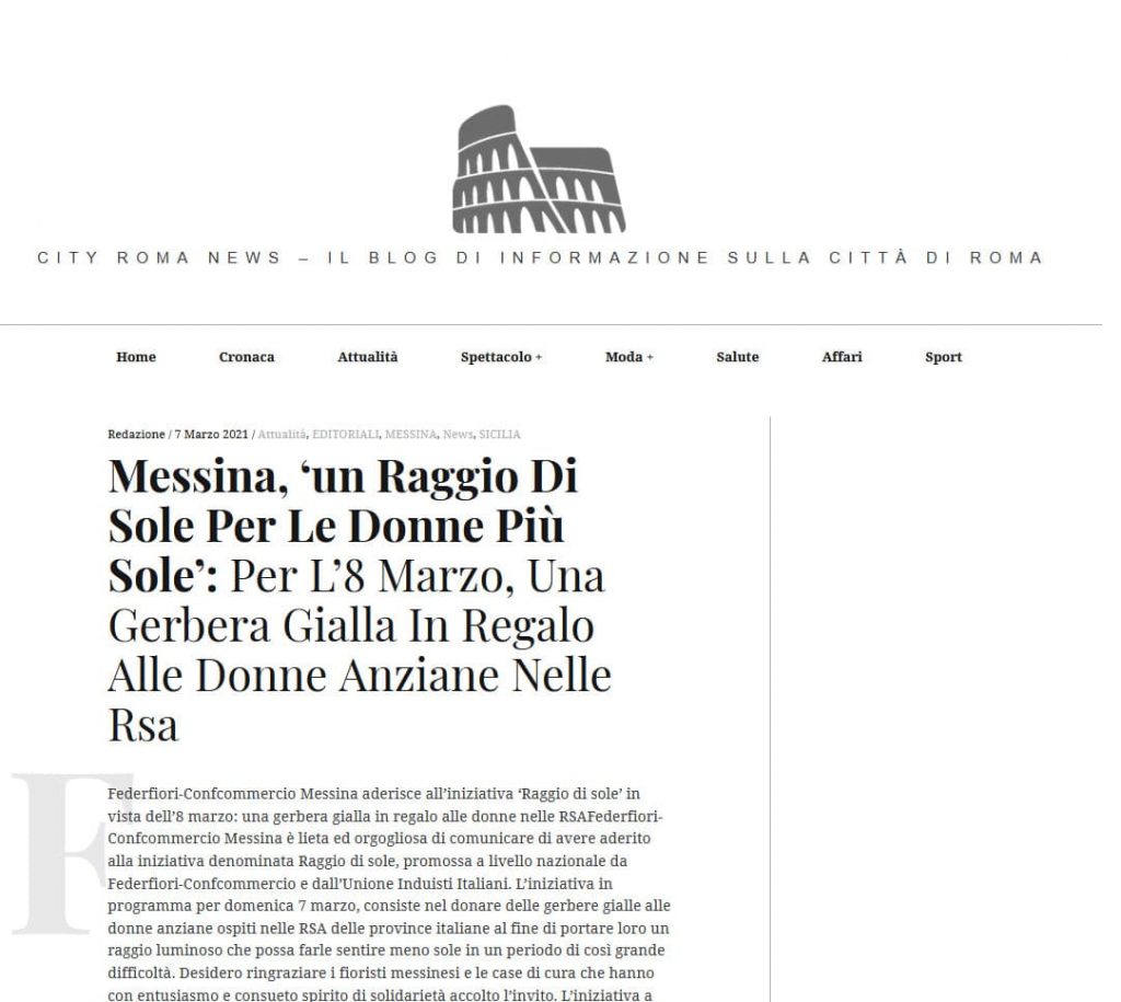 City Roma News: Messina, ‘un Raggio Di Sole Per Le Donne Più Sole’: Per L’8 Marzo, Una Gerbera Gialla In Regalo Alle Donne Anziane Nelle Rsa