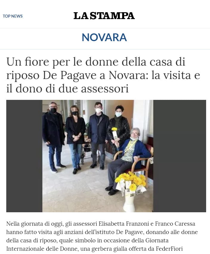 La Stampa Novara: Un fiore per le donne della casa di riposo De Pagave a Novara: la visita e il dono di due assessori