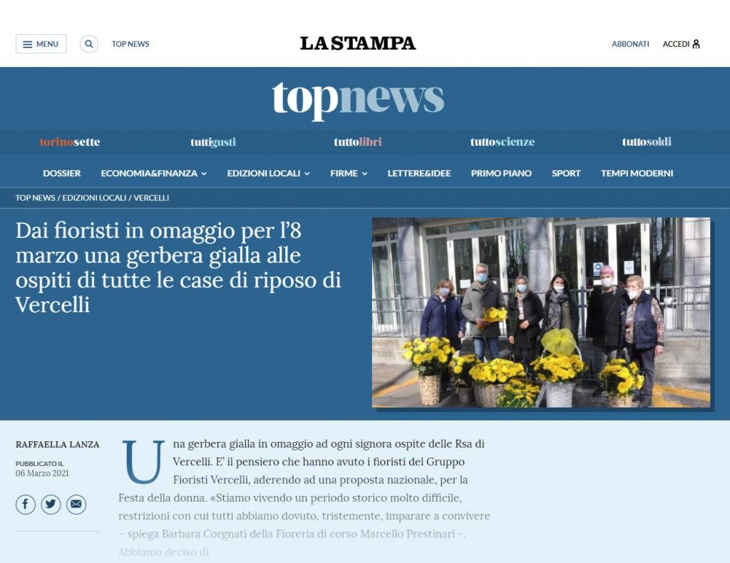 La Stampa: Dai fioristi in omaggio per l’8 marzo una gerbera gialla alle ospiti di tutte le case di riposo di Vercelli