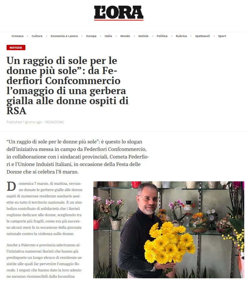 L'Ora: Un raggio di sole per le donne più sole”: da Federfiori Confcommercio l’omaggio di una gerbera gialla alle donne ospiti di RSA