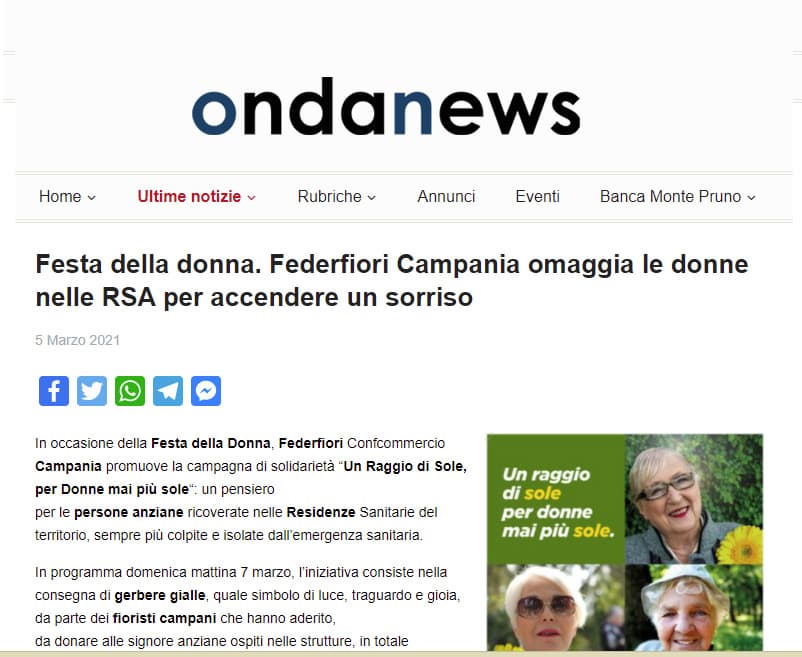 Ondanews: Festa della donna. Federfiori Campania omaggia le donne nelle RSA per accendere un sorriso