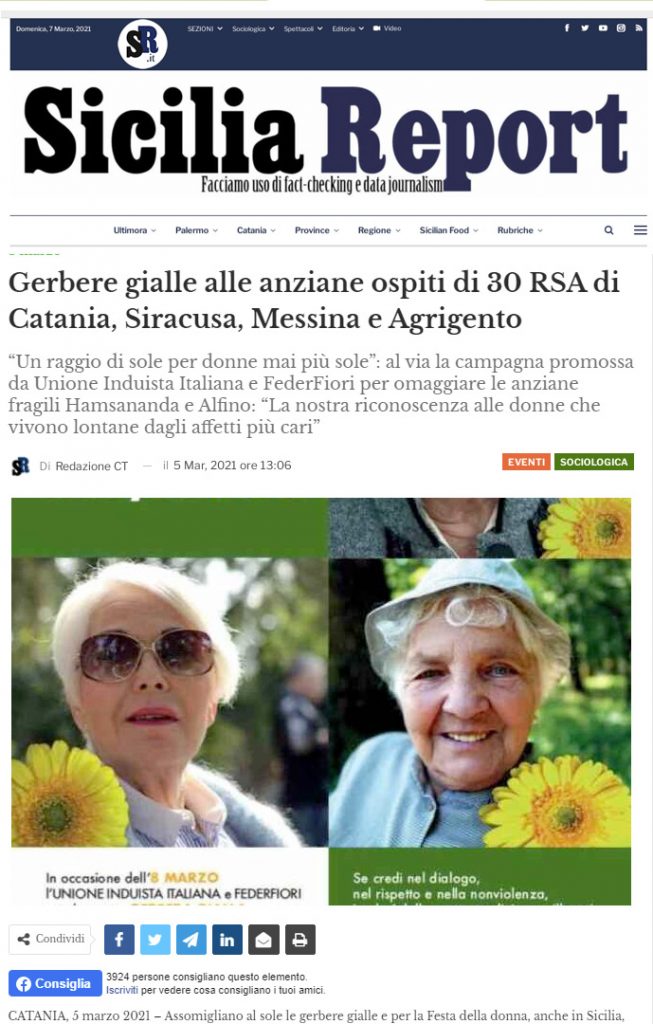 Sicilia Report: Gerbere gialle alle anziane ospiti di 30 RSA di Catania, Siracusa, Messina e Agrigento