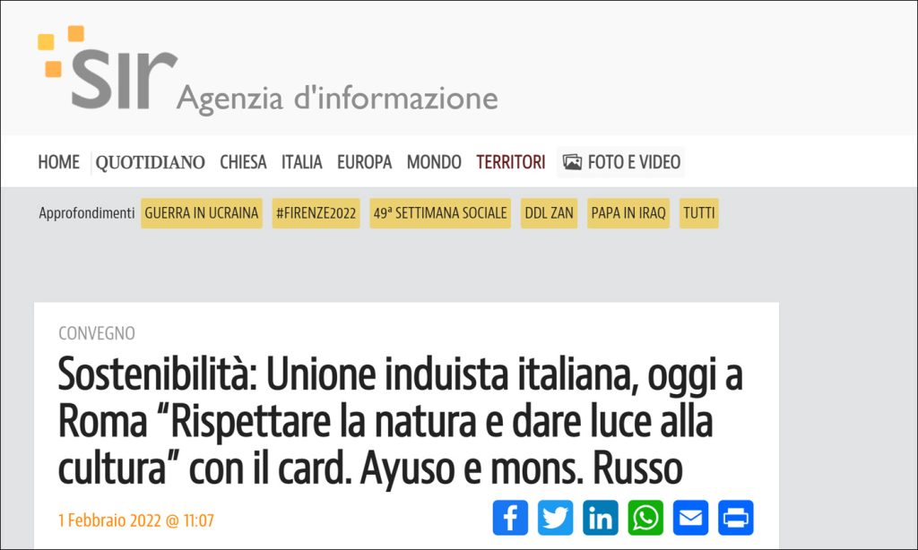 Sostenibilità: Unione induista italiana, oggi a Roma “Rispettare la natura e dare luce alla cultura”