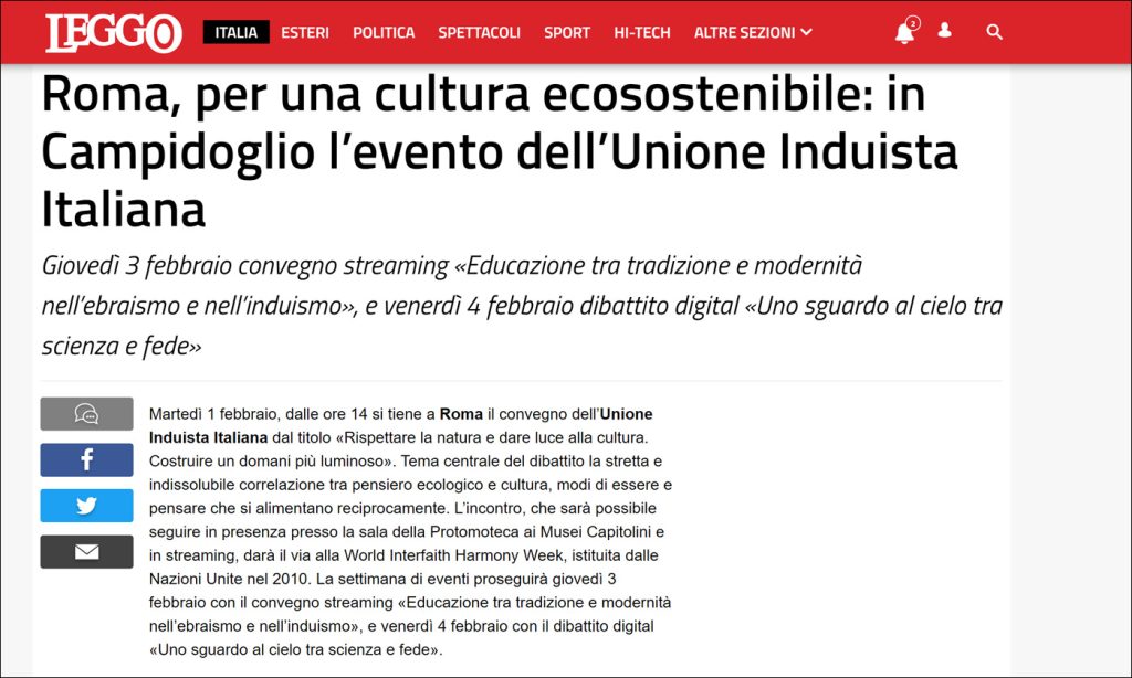 Roma, per una cultura ecosostenibile: in Campidoglio l’evento dell’Unione Induista Italiana